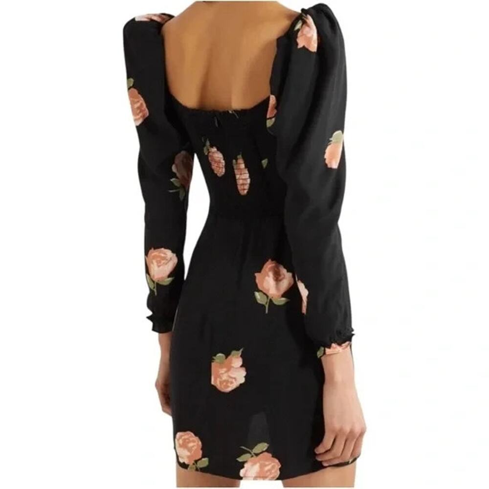 Reformation Amala Mini Dress Ingrid Black Floral Long Sleeve Ruched - Picture 2 of 13